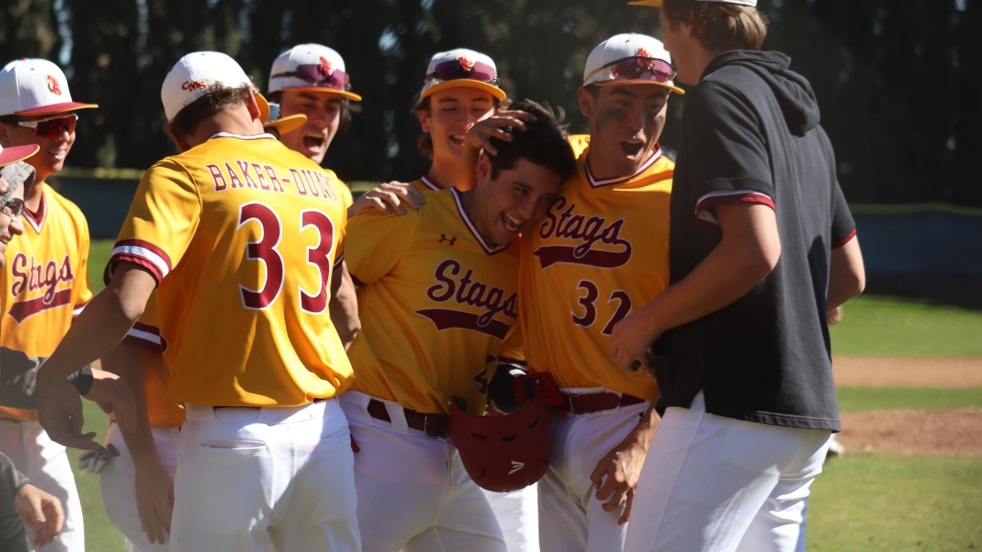 The Stags celebrate the home run from William DeForest (photo by Caelyn Smith)
