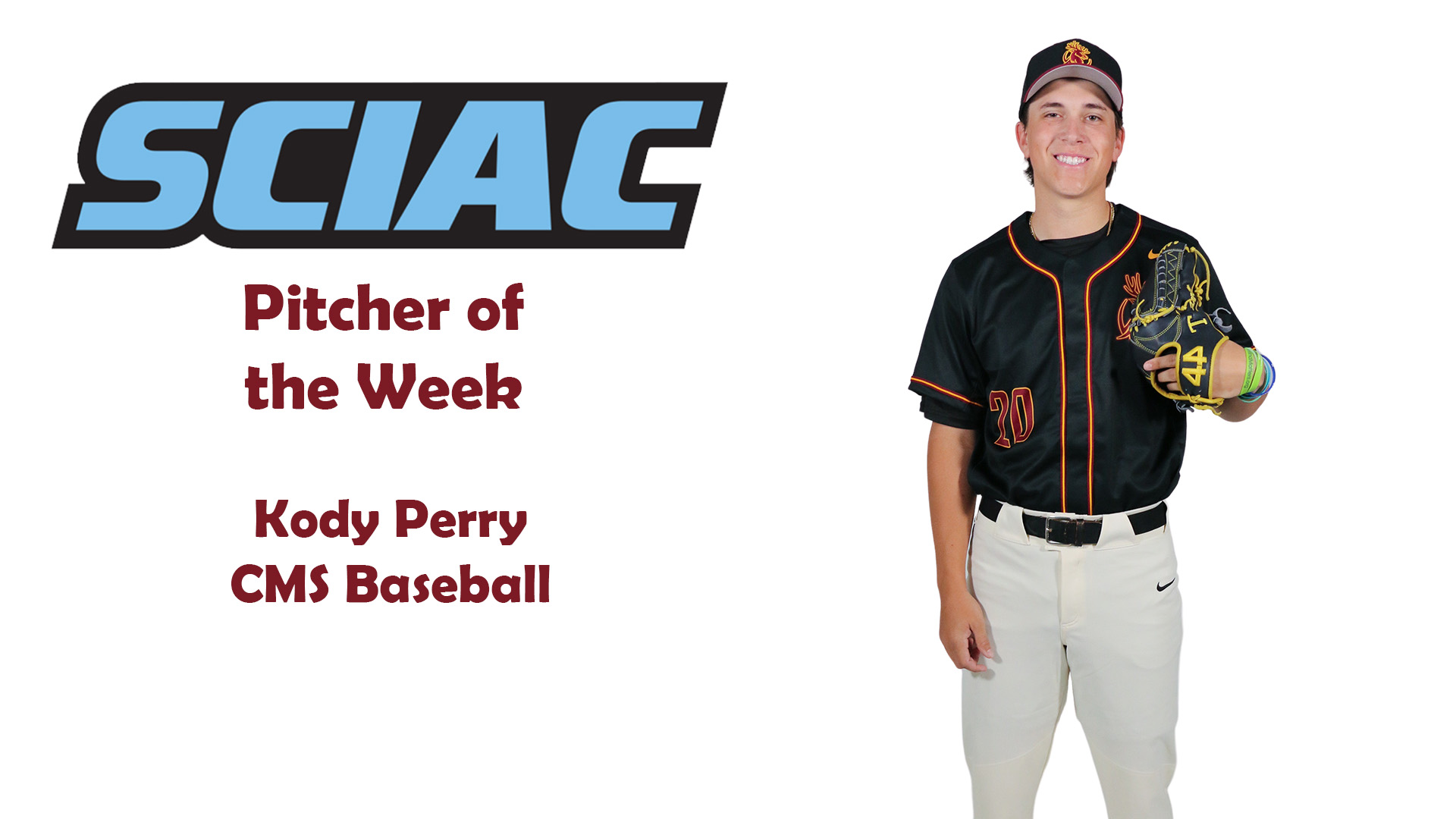 posed shot of Kody Perry with the SCIAC logo