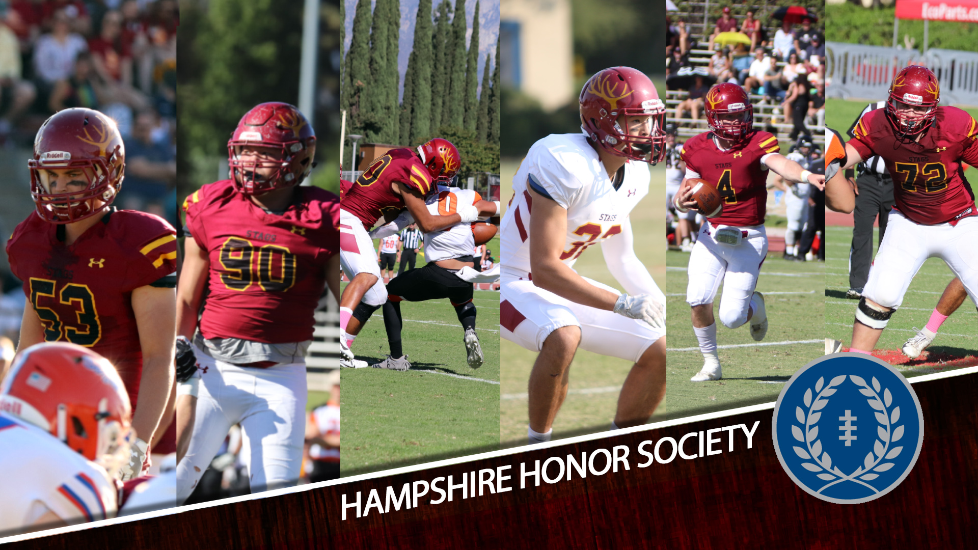 Action photos of Jack Cavellier, David Chen, Satya Mindich, Cade Moffatt, Jake Norville and Cooper Pryde. Words over the photo read Hampshire Honor Society, along with the National Football Foundation logo.