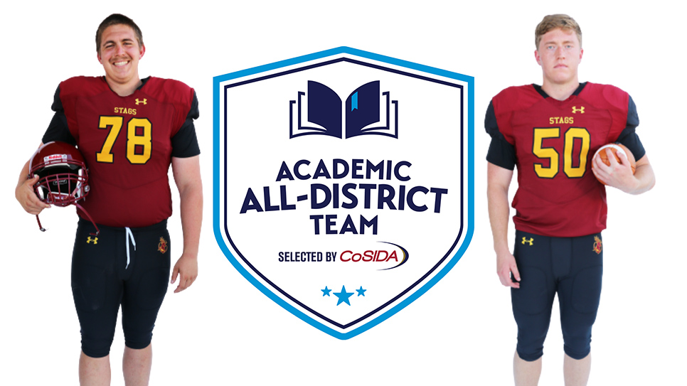 Posed shots of Jacob Lyle and Dylan Porter with the Academic All-District logo