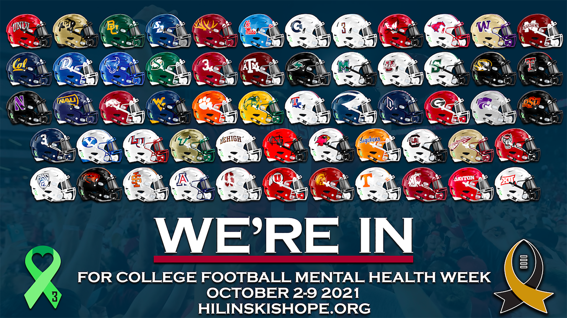 A composite photo of football helmets of teams partnering with Hilinski's Hope, including the CMS helmet. 