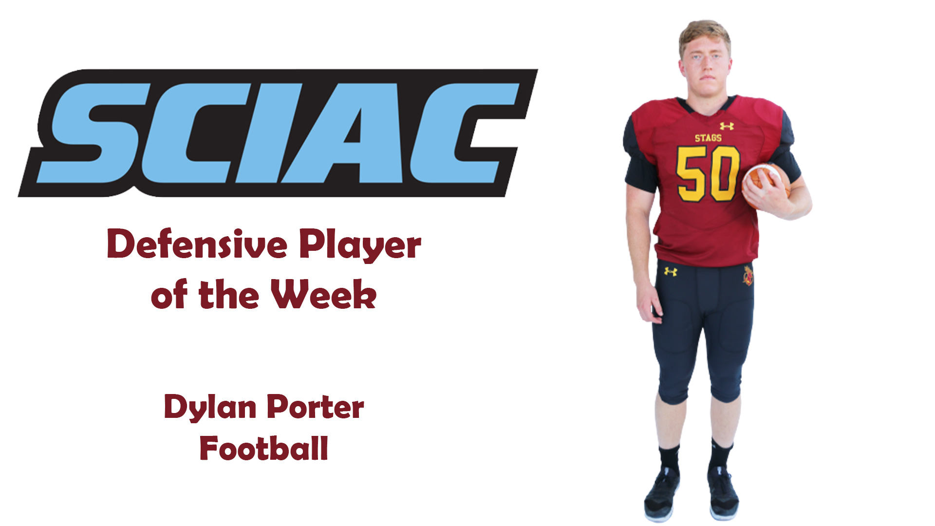 Posed shot of Dylan Porter and the SCIAC logo
