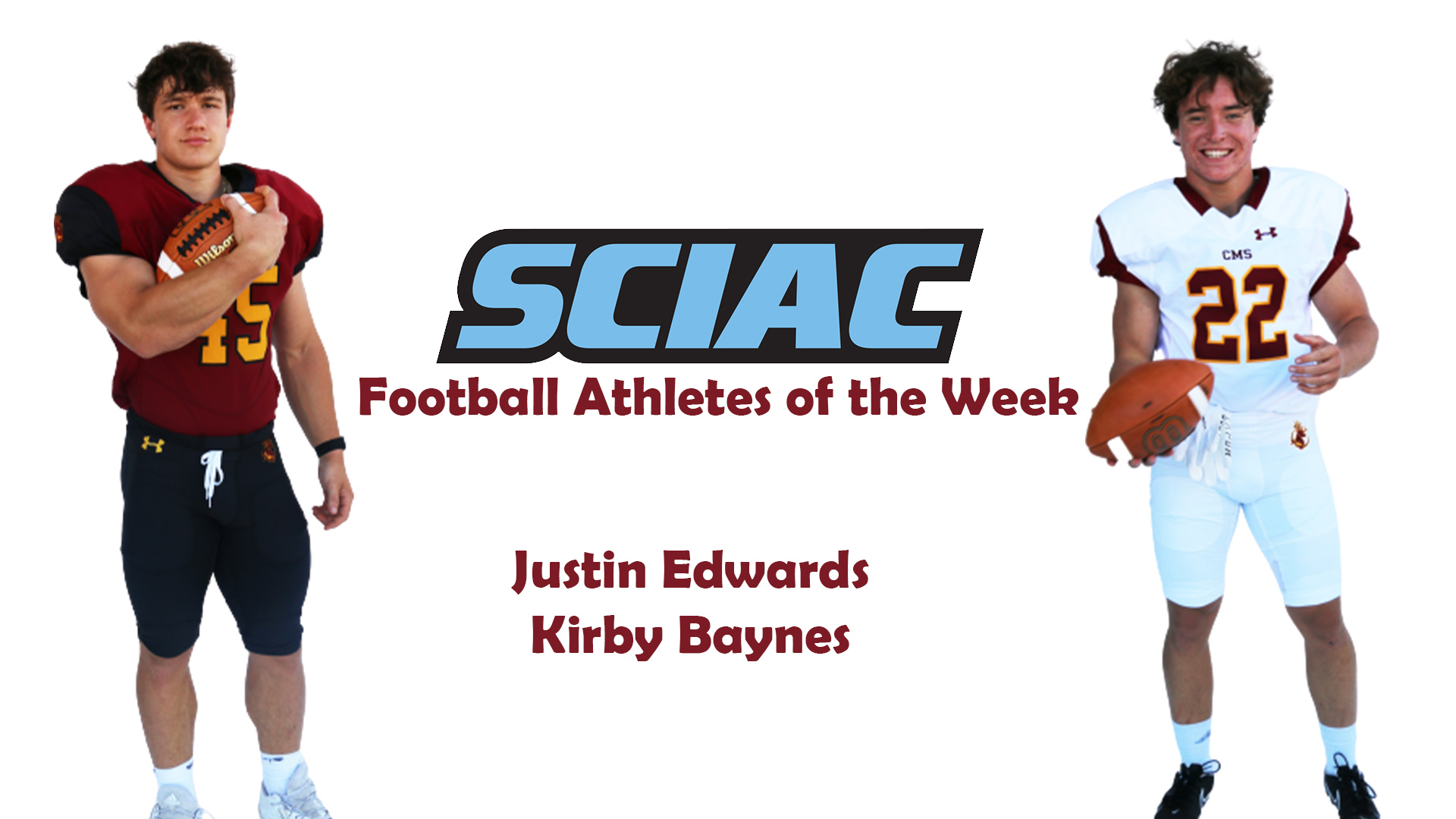 Posed shots of Justin Edwards and Kirby Baynes around the SCIAC logo