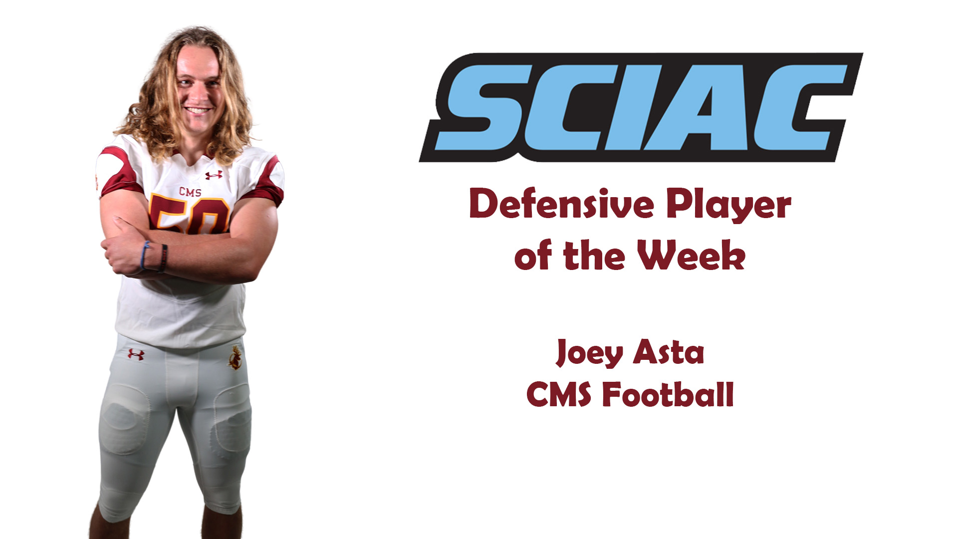 Posed shot of Joey Asta with the SCIAC logo