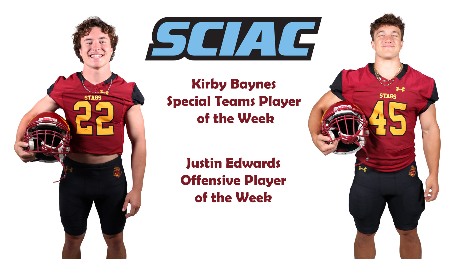 posed shots of Kirby Baynes and Justin Edwards with the SCIAC logo