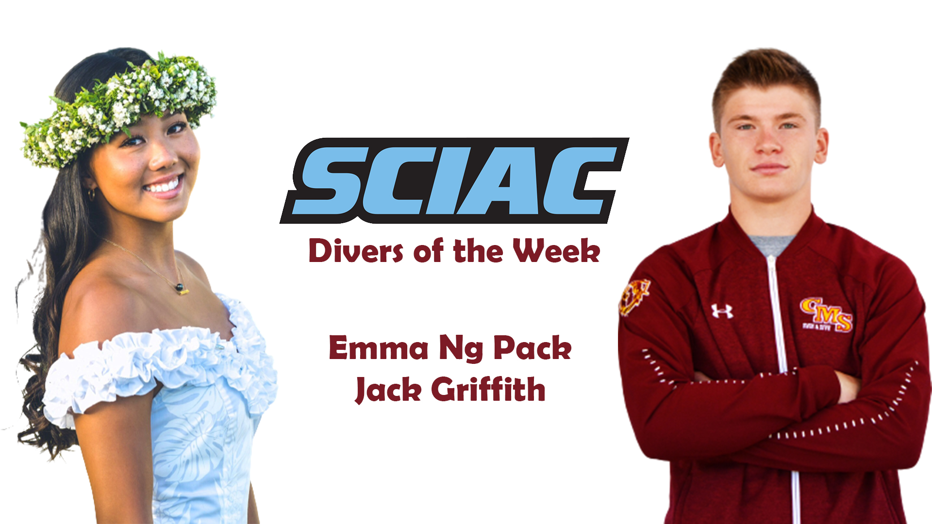head shots of Emma Ng Pack and Jack Griffith, with the SCIAC logo and the words Divers of the Week.