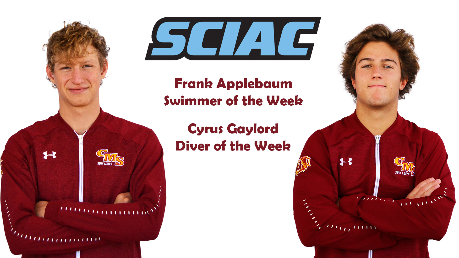 Posed shots of Frank Applebaum and Cyrus Gaylord with the SCIAC logo