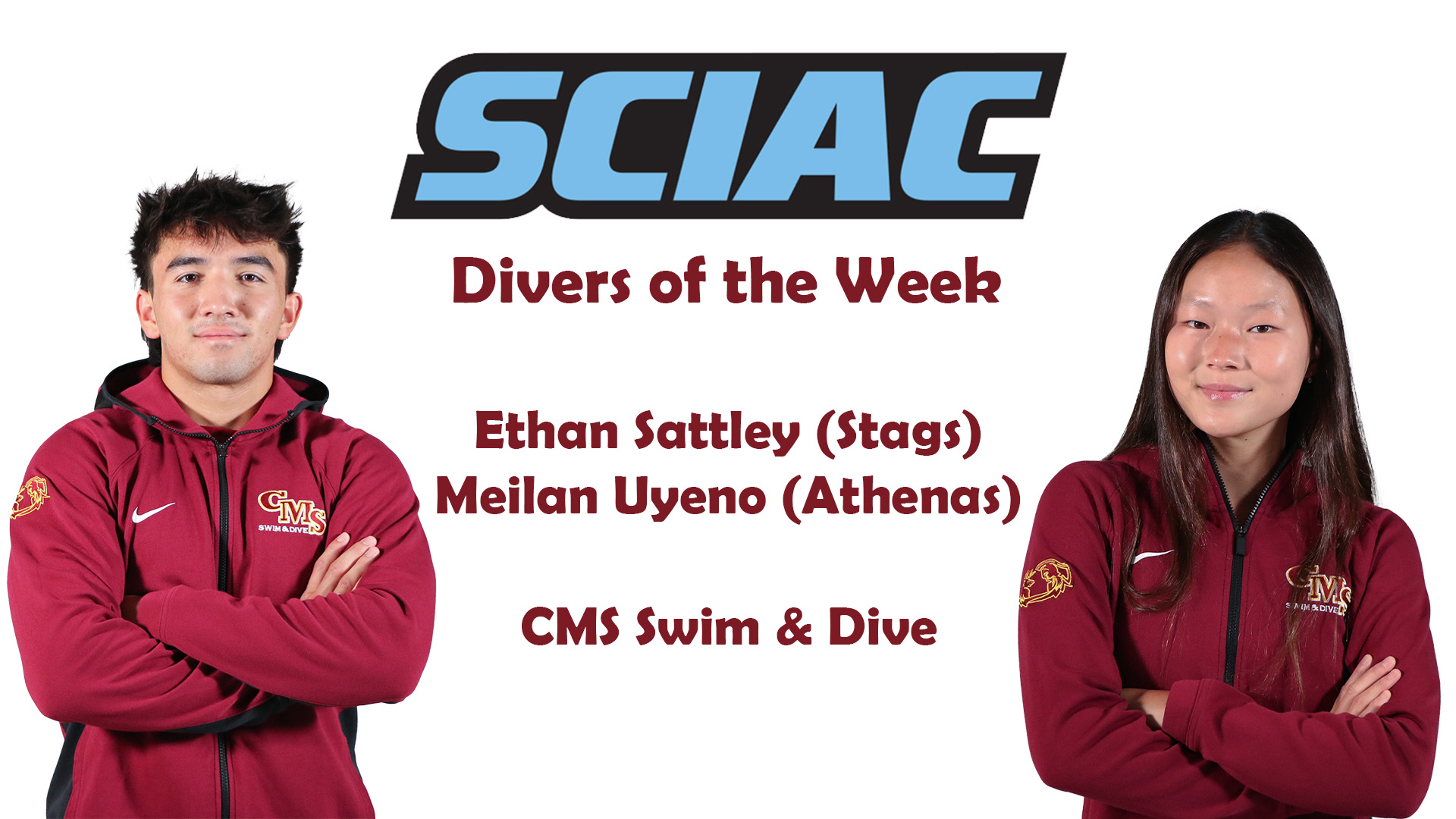 posed shots of Ethan Sattley and Meilan Uyeno with the SCIAC logo