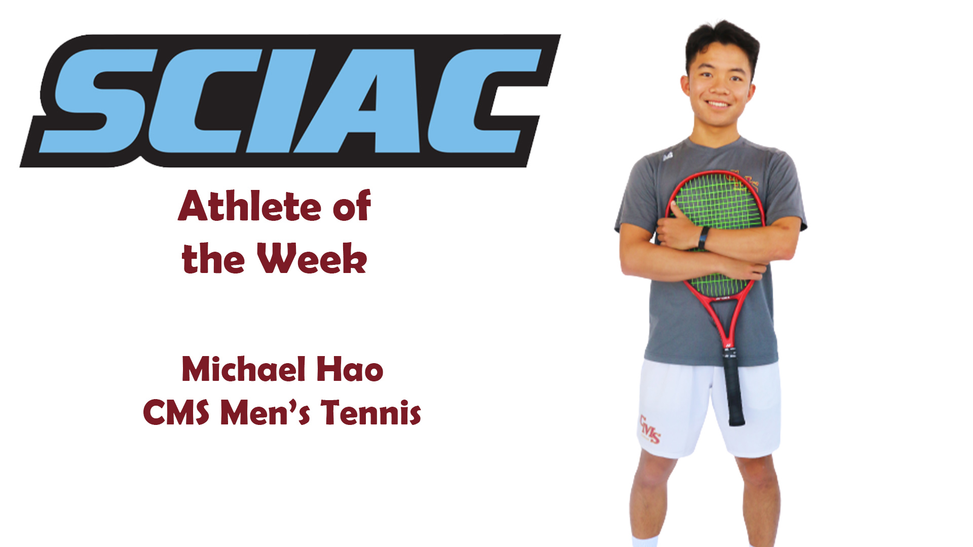 Michael Hao posed shot with the SCIAC logo