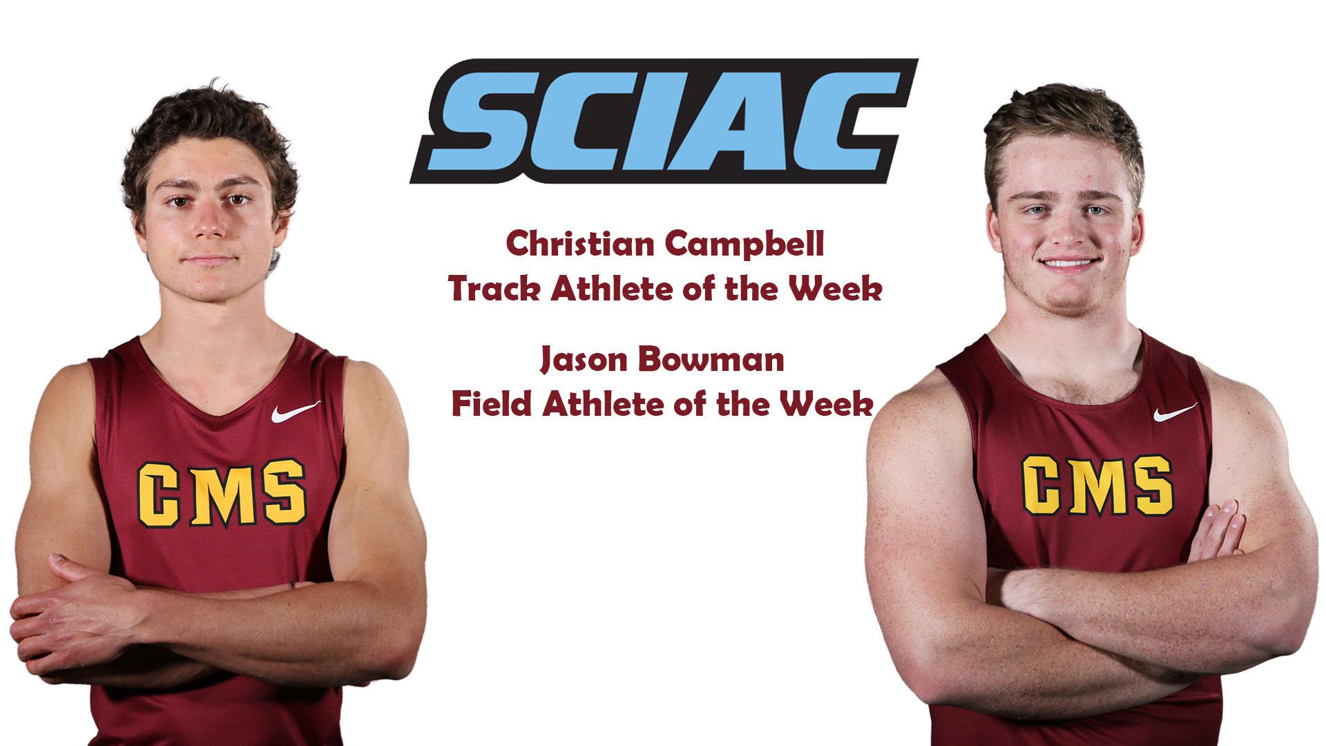Posed shots of Christian Campbell and Jason Bowman with the SCIAC logo