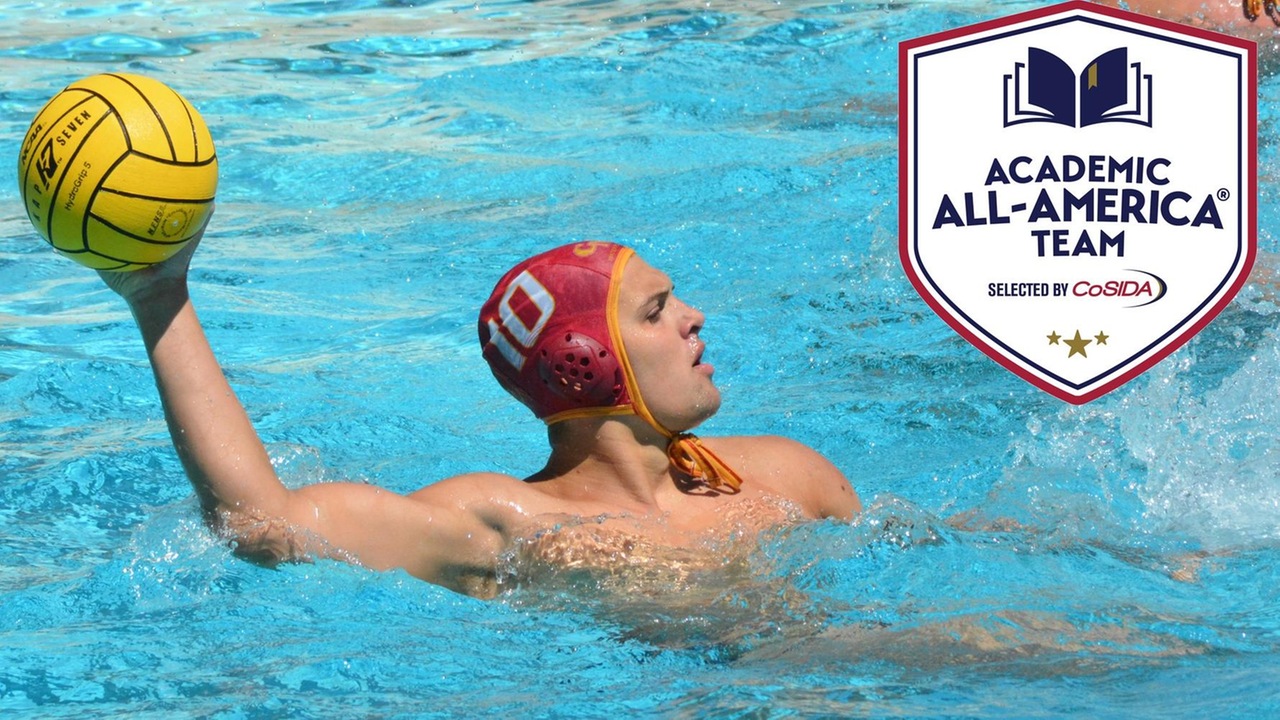 Zach Rossman in action with an Academic All-America logo overlaying the photo