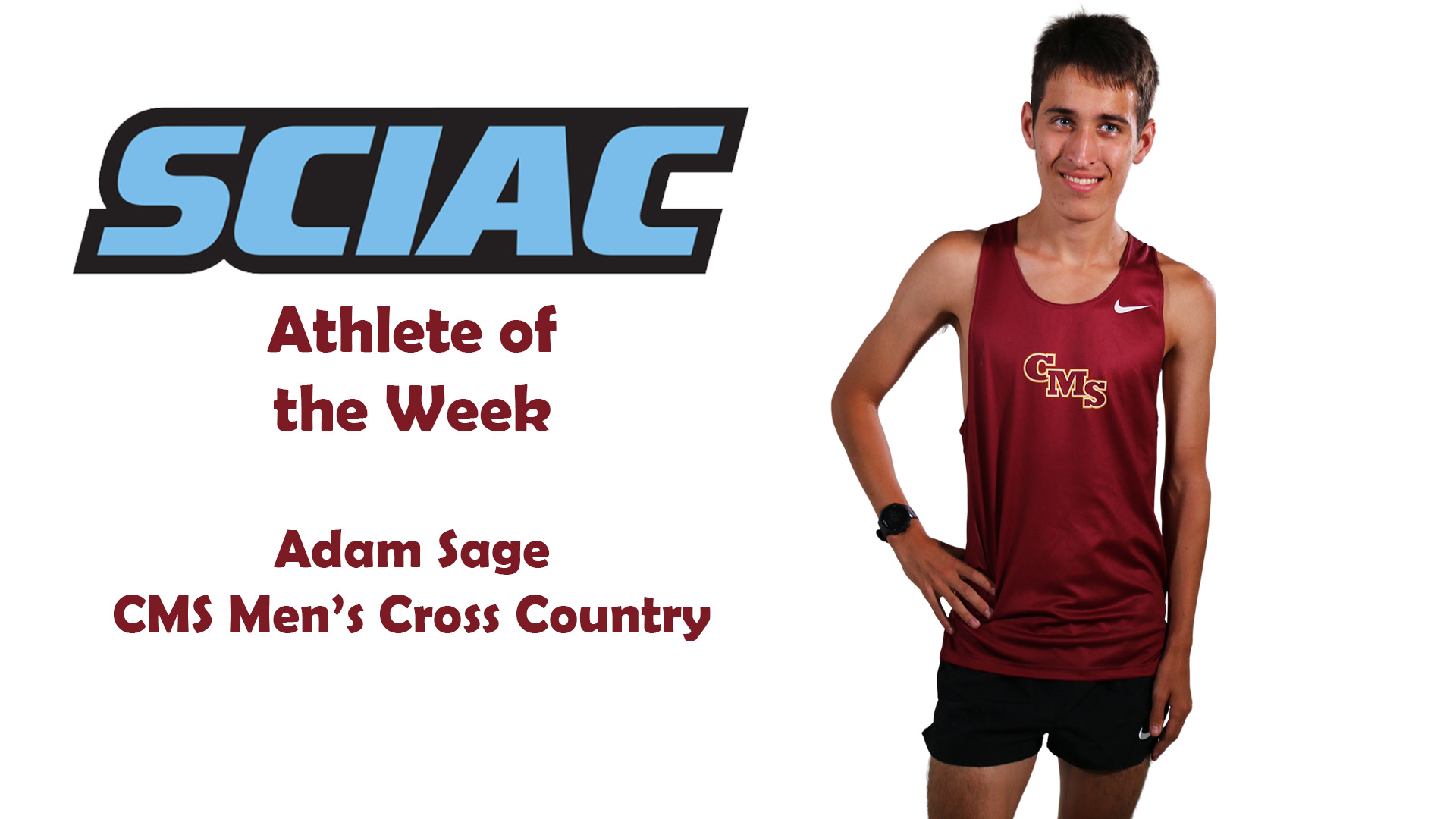 Posed shot of Adam Sage with the SCIAC logo