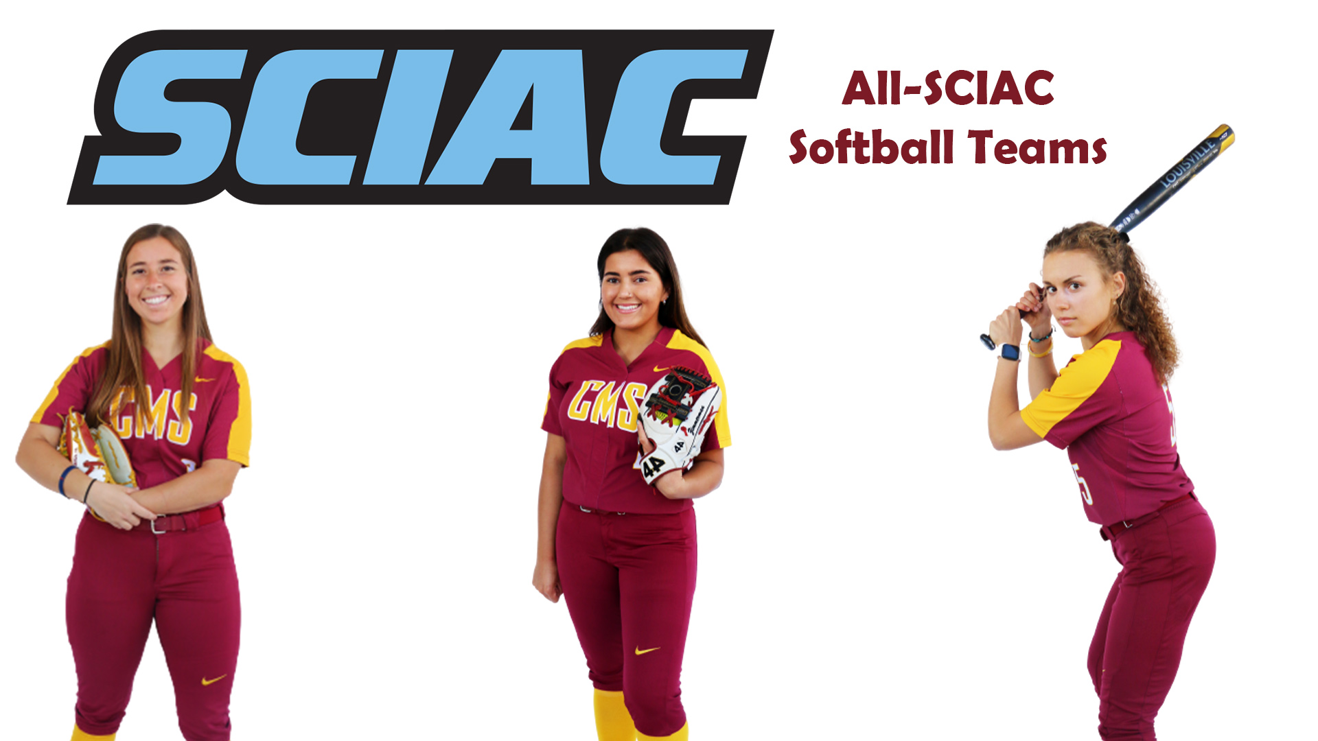 Posed shots of the SCIAC award winners with the SCIAC logo
