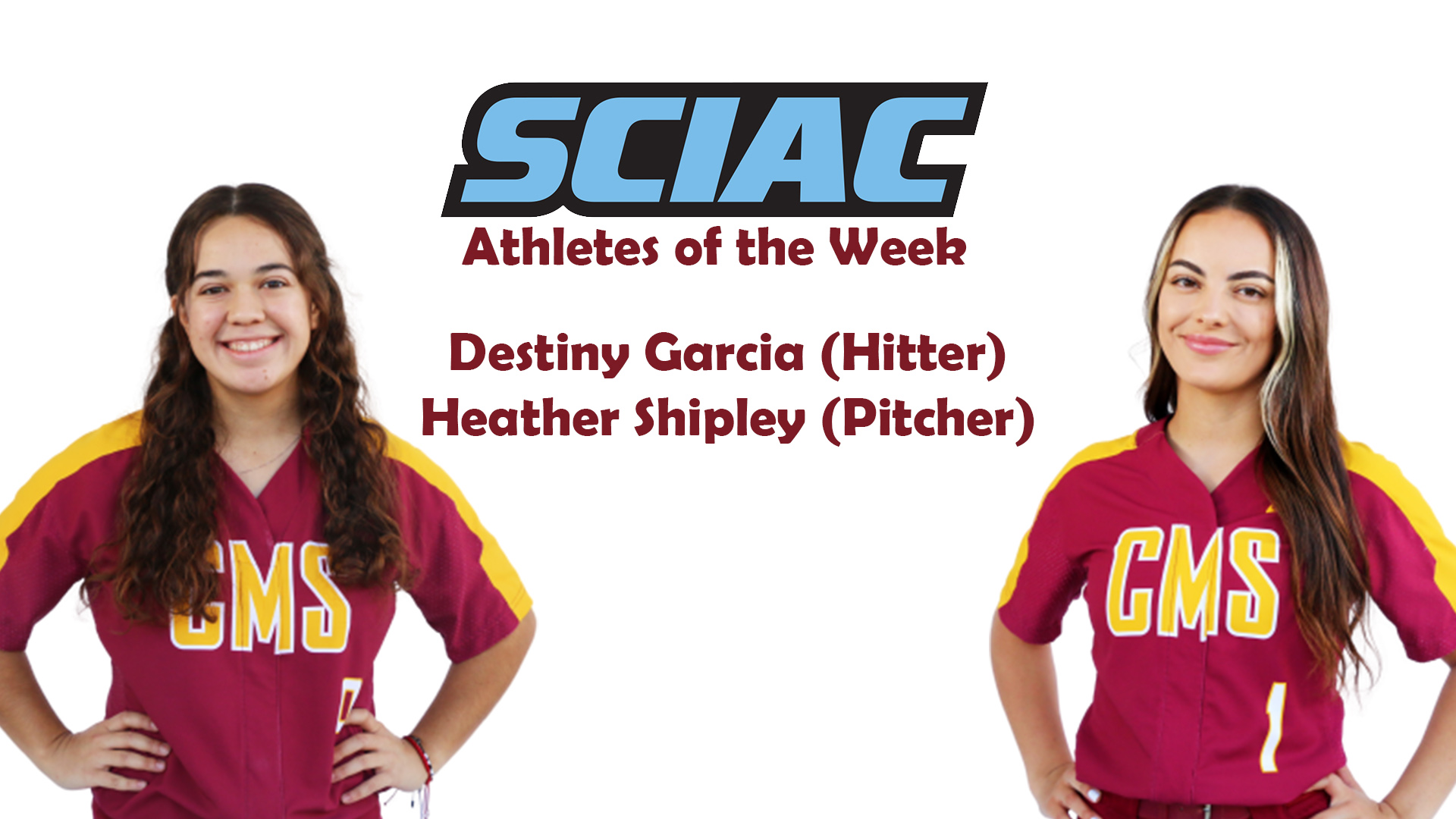 Posed photos of Destiny Garcia and Heather Shipley with the SCIAC logo