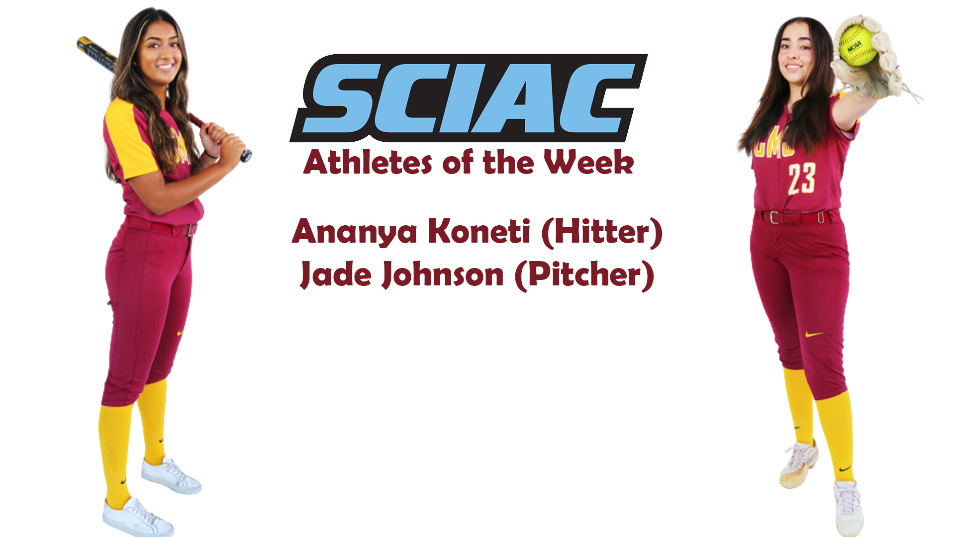 Posed shots of Ananya Koneti and Jade Johnson with the SCIAC logo