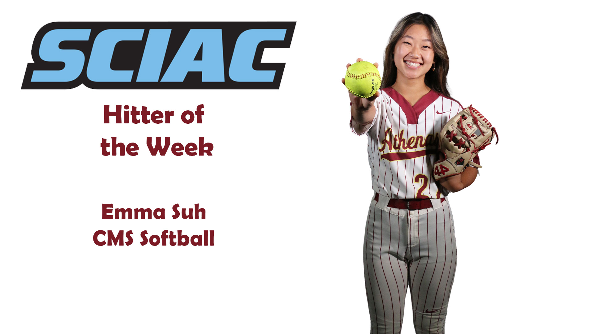 Posed shot of Emma Suh with SCIAC logo