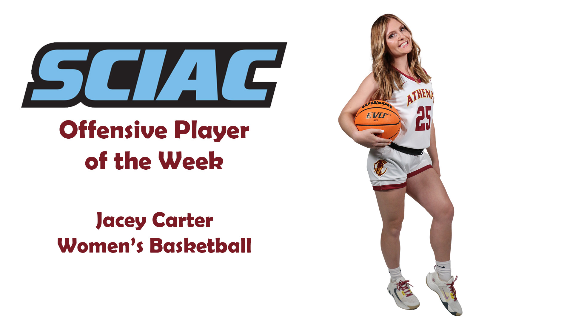 Posed shot of Jacey Carter with SCIAC logo
