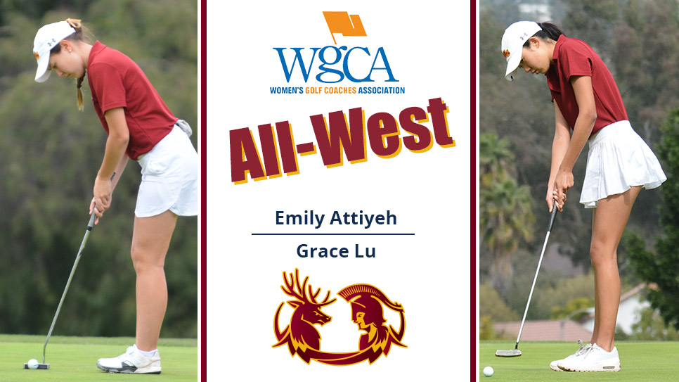 Action shots of Emily Attiyeh (left) and Grace Lu (right). A WGCA logo is down the middle along with the words: All-West, Emily Attiyeh, Grace Lu