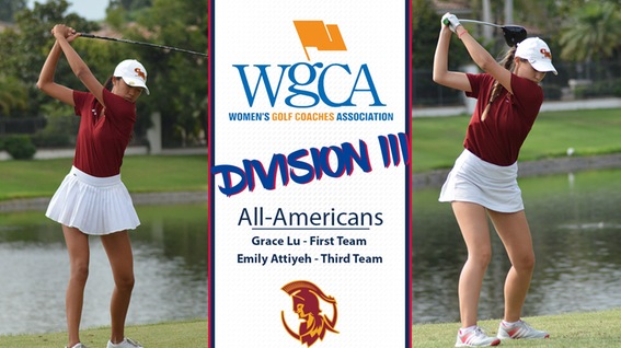 Action shots of Grace Lu (left) and Emily Attiyeh (right). A WGCA logo is down the middle, along with the words Division III All-Americans, Grace Lu - First Team and Emily Attiyeh - Third Team
