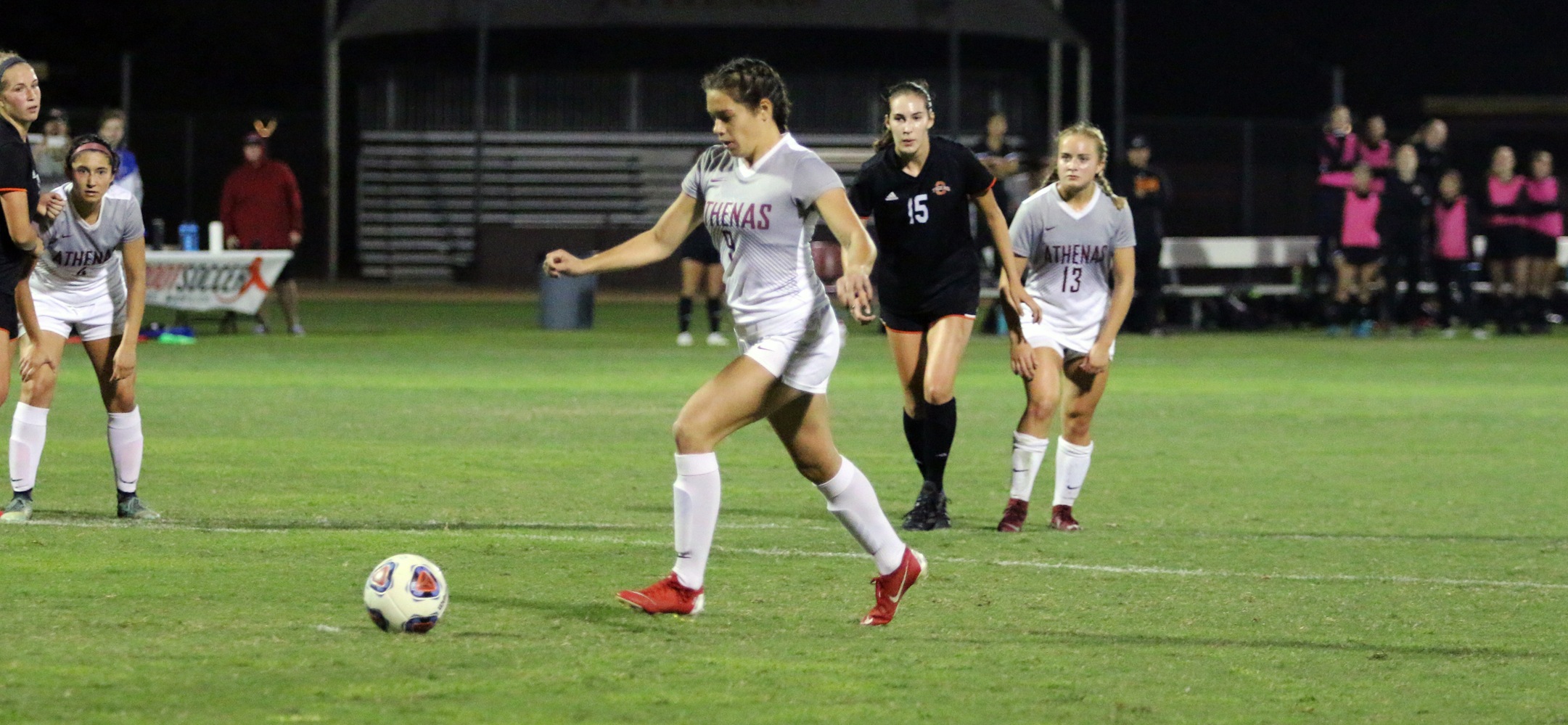 Kira Favakeh approaches her penalty kick for the CMS goal in its game against Occidental (photo by Hannah Graves)