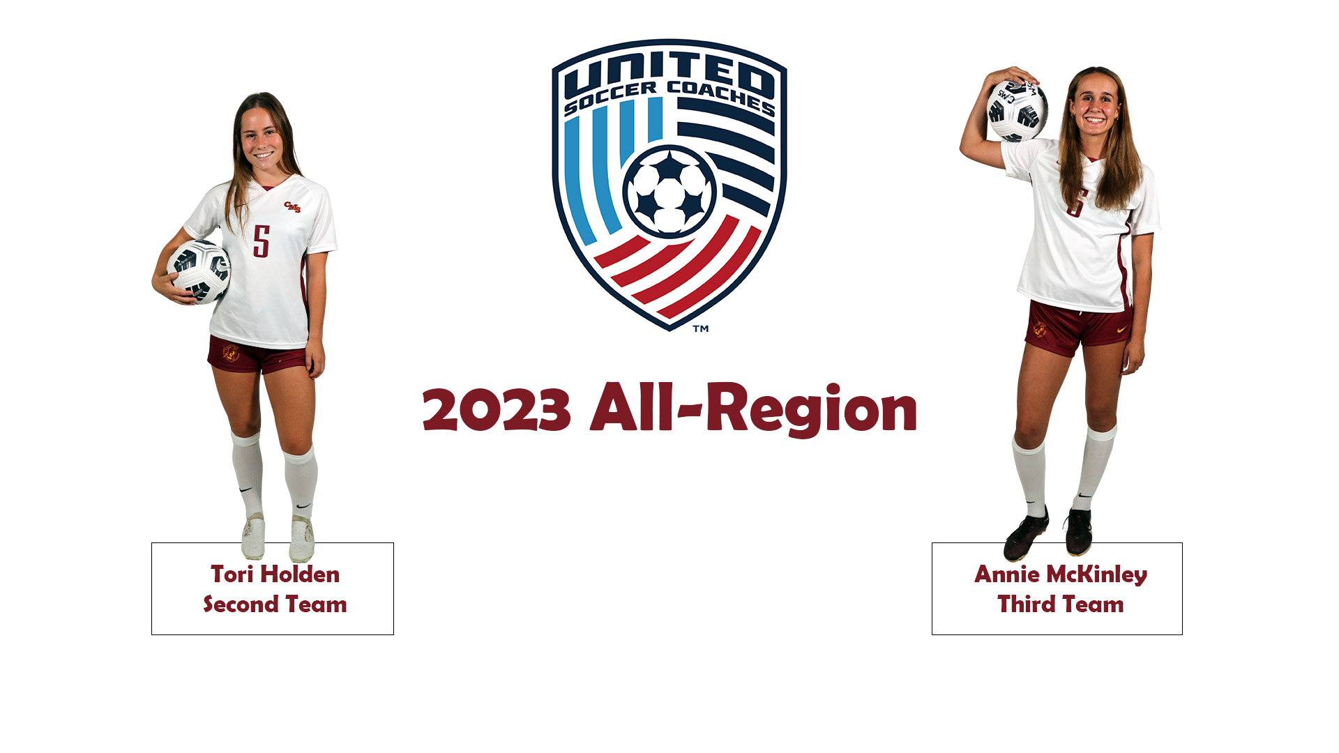 Posed shots of Tori Holden and Annie McKinley with the United Soccer Coaches logo