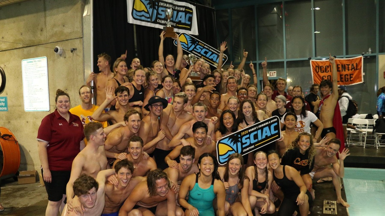 CMS men's and women's teams celebrating their SCIAC titles