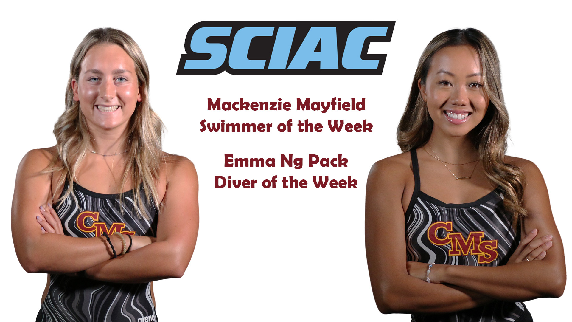 Posed shots of Mackenzie Mayfield and Emma Ng Pack with the SCIAC logo