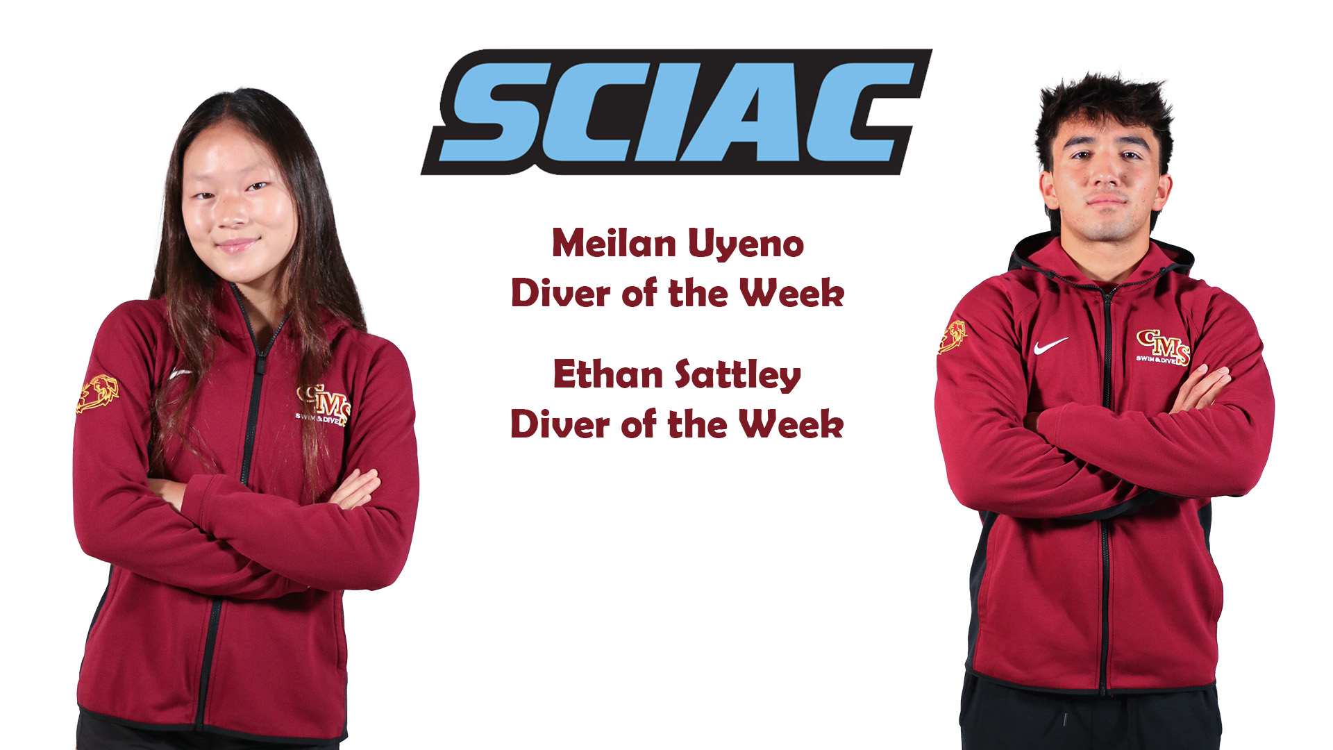 Posed shots of Meilan Uyeno and Ethan Sattley with the SCIAC logo