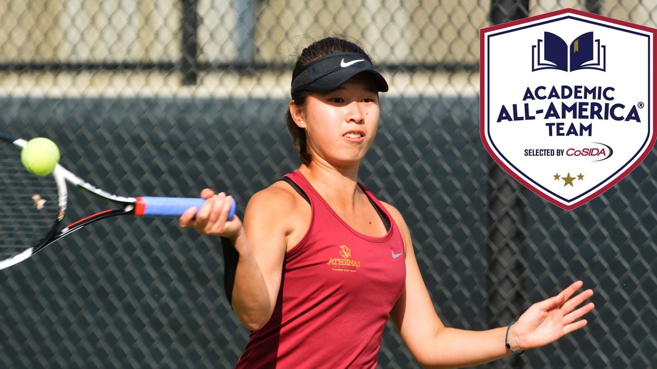Nicole Tan hits a forehand, with the Academic All-America logo superimposed over the photo