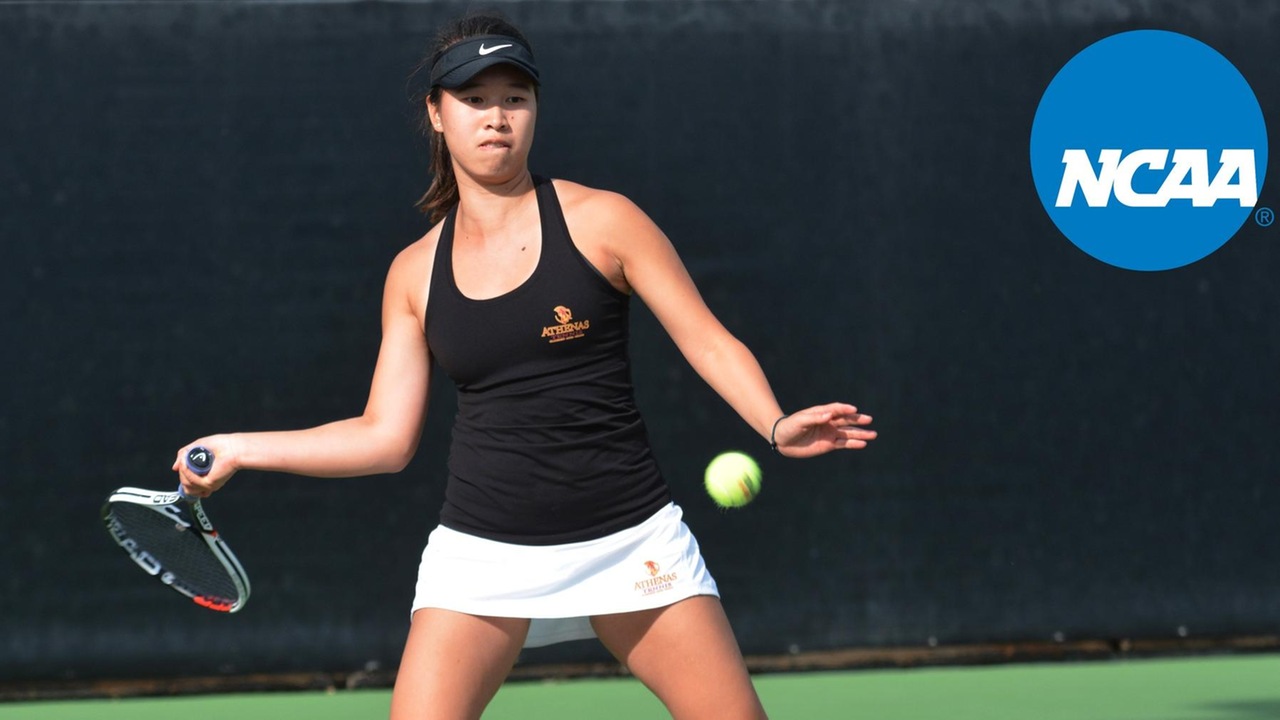 Nicole Tan prepares to hit a forehand, with an NCAA logo superimposed over the photo