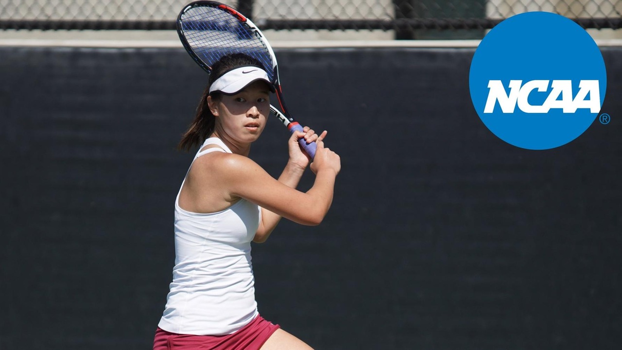 Nicole Tan prepares to hit a backhand with the NCAA logo superimposed over the photo