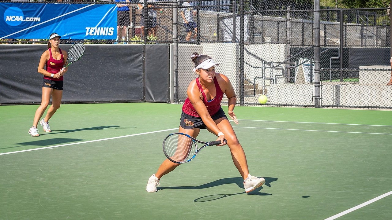 Kyla Scott in action with the CMS women's tennis team in the 2018 national championship match