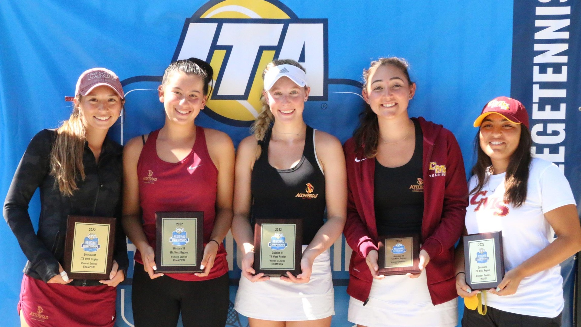 L to R: Gabby Lee, Lindsay Eisenman (doubles champions), Katherine Wurster (singles champion), Devon Wolfe, Alisha Chulani (doubles runners-up) advance to the ITA Cup