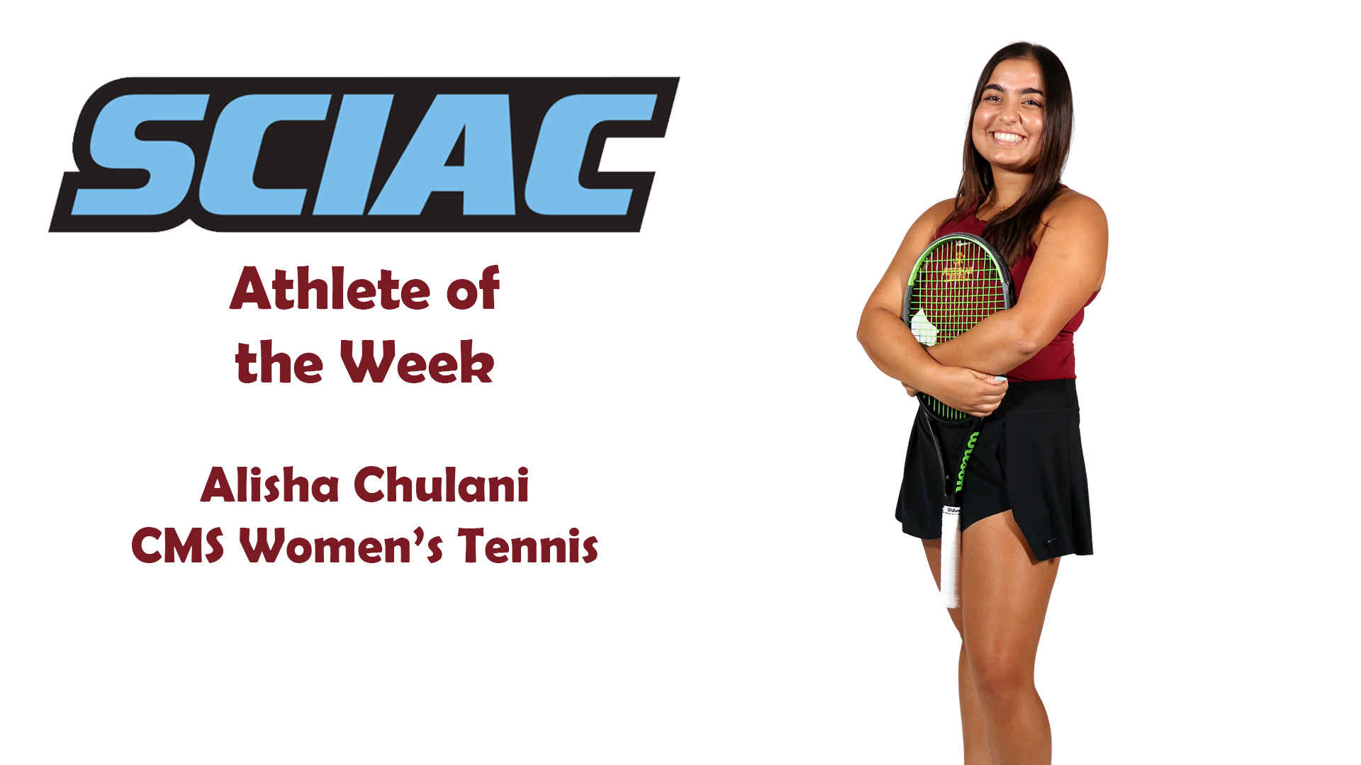 posed shot of Alisha Chulani with the SCIAC logo