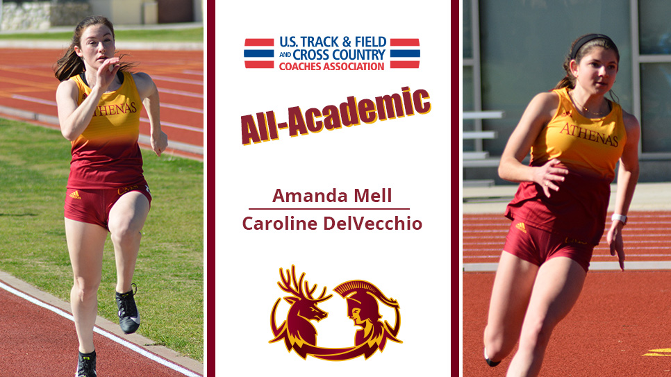 Amanda Mell (left) and Caroline DelVecchio (right) with a USTFCCCA logo in the middle along with the words All-Academic