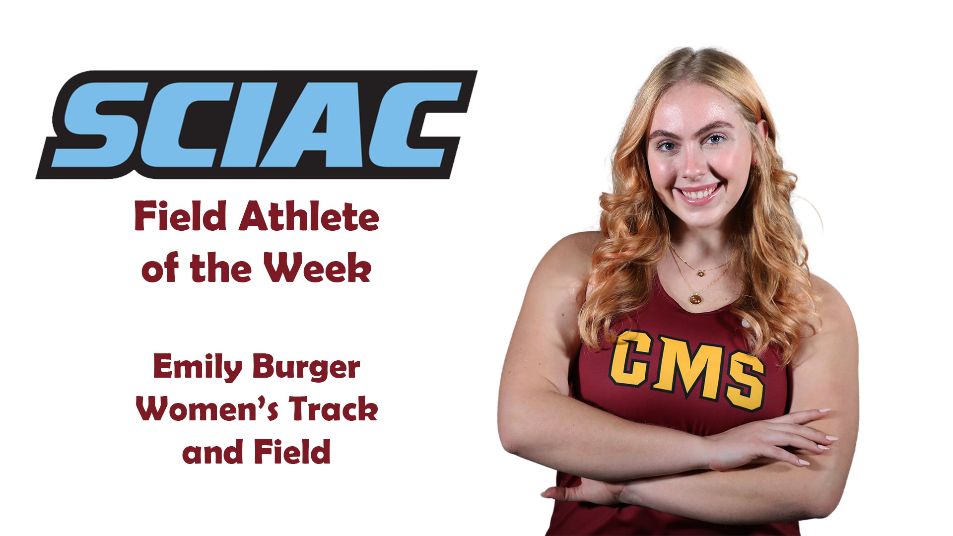 Posed shot of Emily Burger with the SCIAC logo