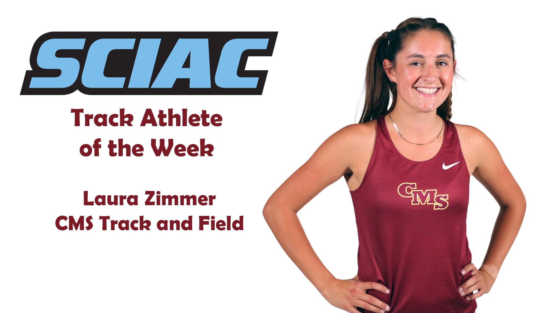 posed shot of Laura Zimmer with the SCIAC logo