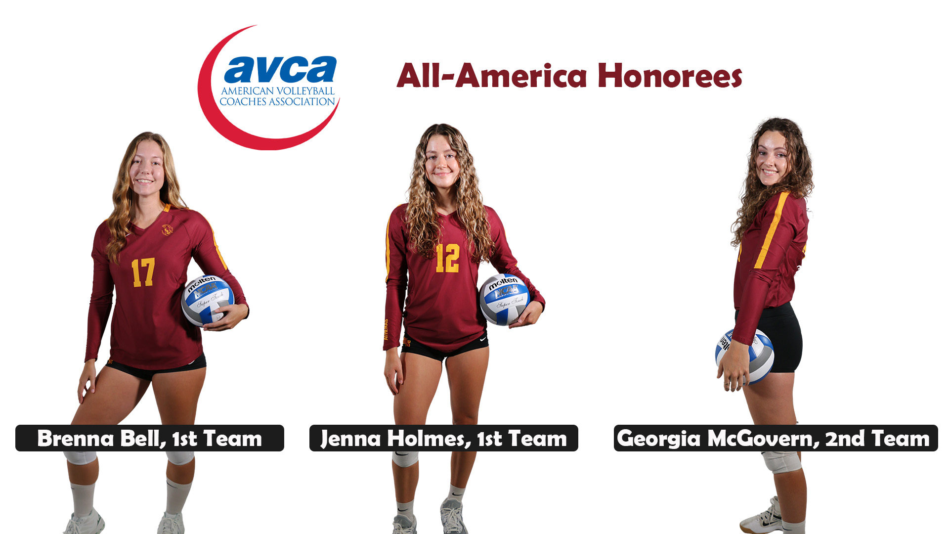Posed shots of Brenna Bell, Jenna Holmes and Georgia McGovern with the AVCA logo