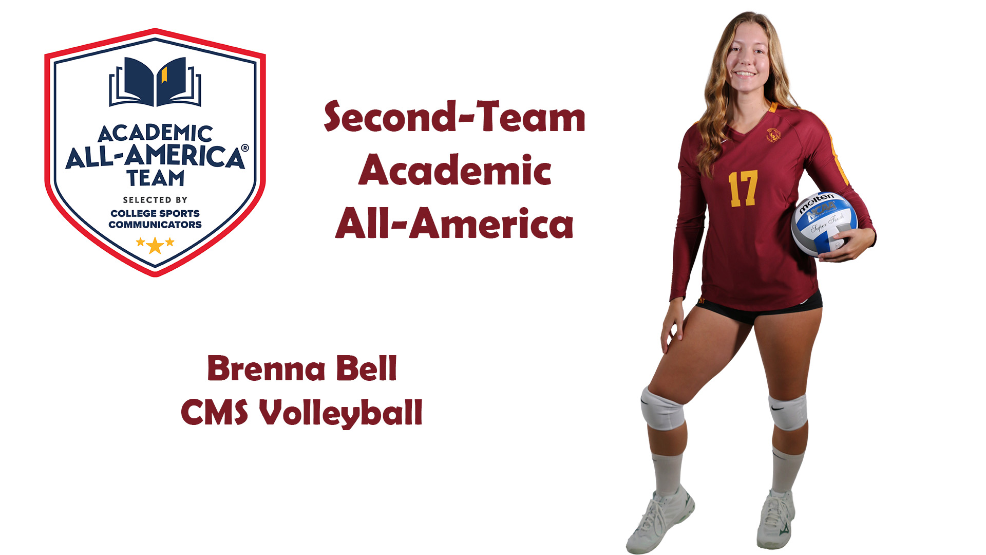 Posed shot of Brenna Bell with the Academic All-America logo