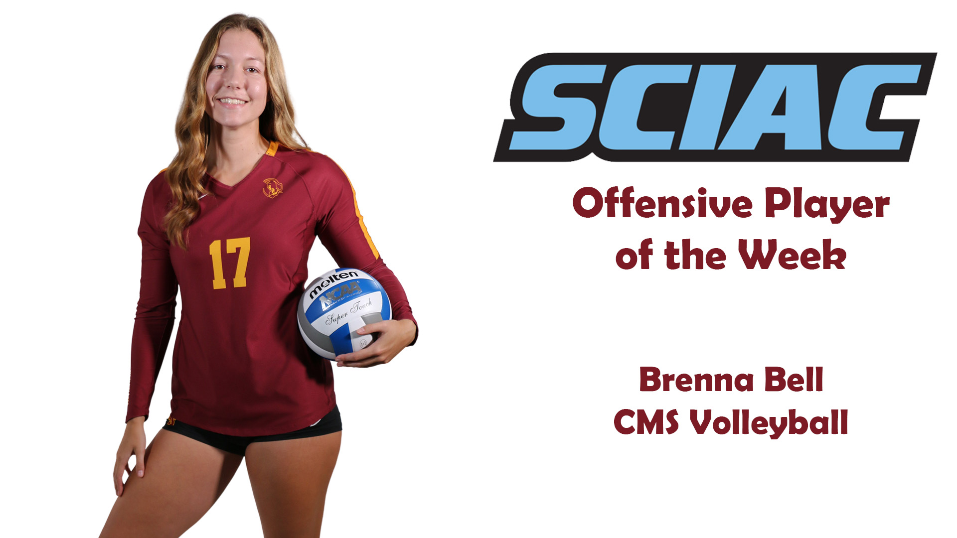Posed shot of Brenna Bell with SCIAC logo