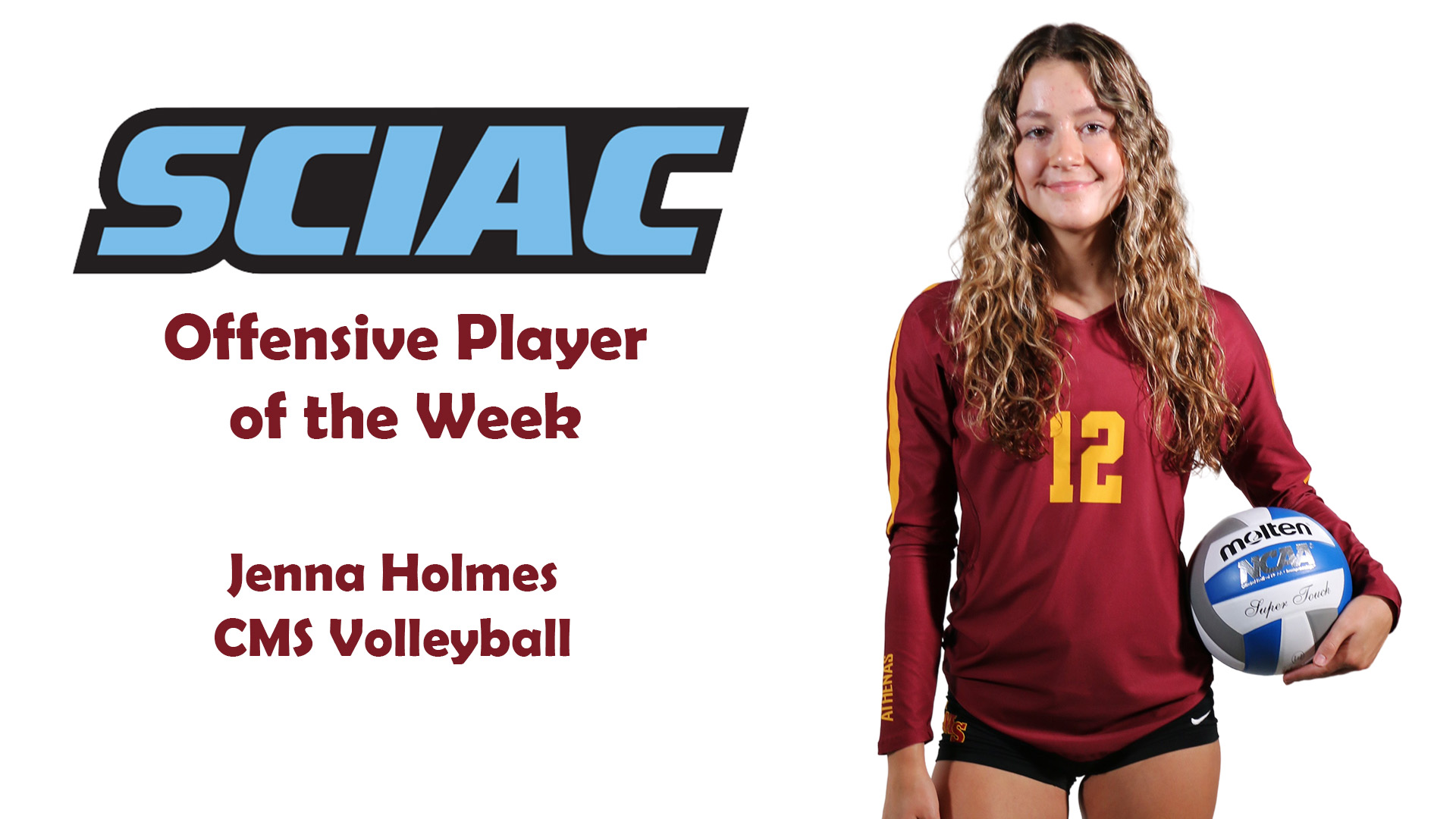 posed shot of Jenna Holmes with the SCIAC logo