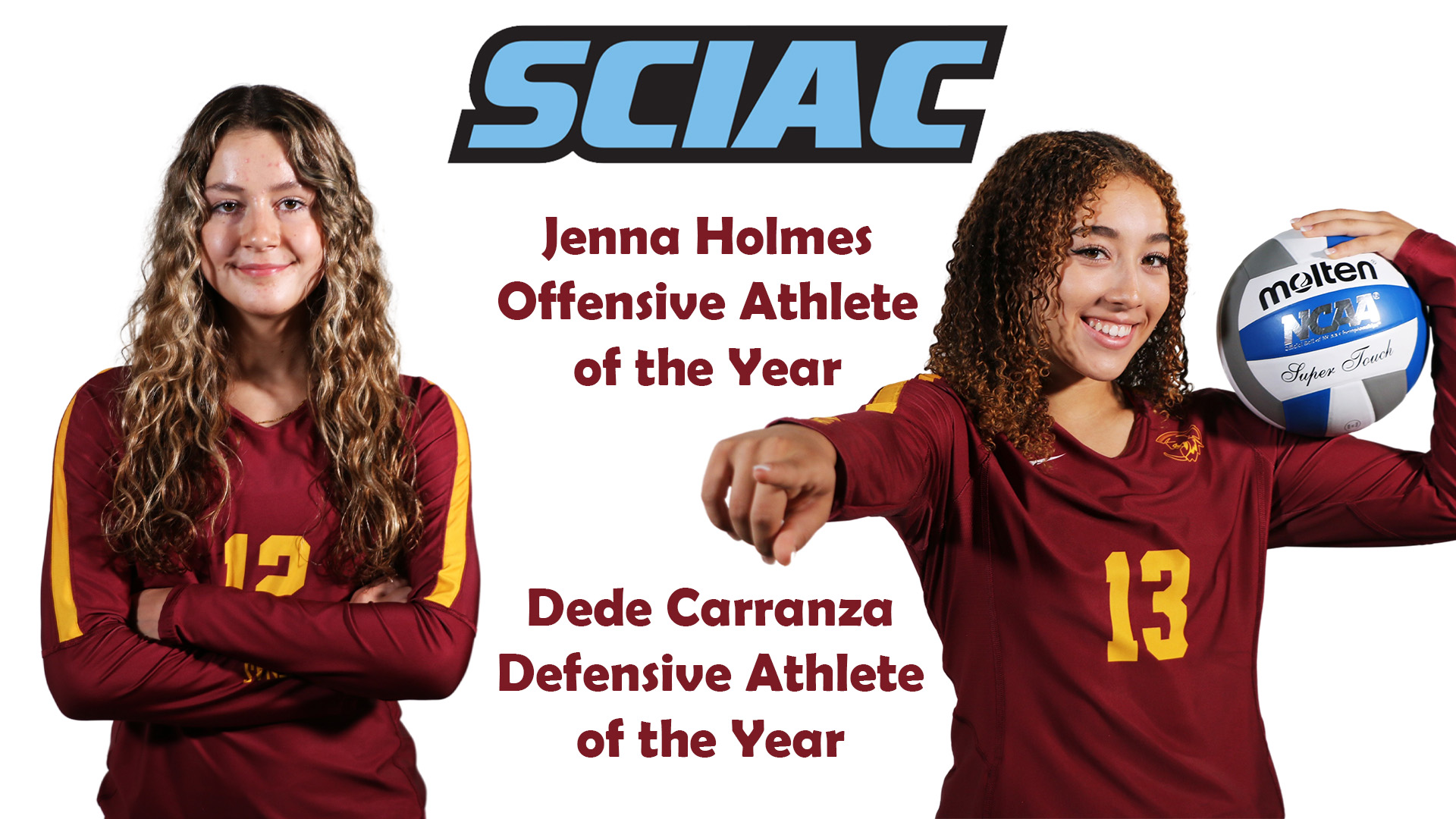 posed shots of Jenna Holmes and Dede Carranza with the SCIAC logo
