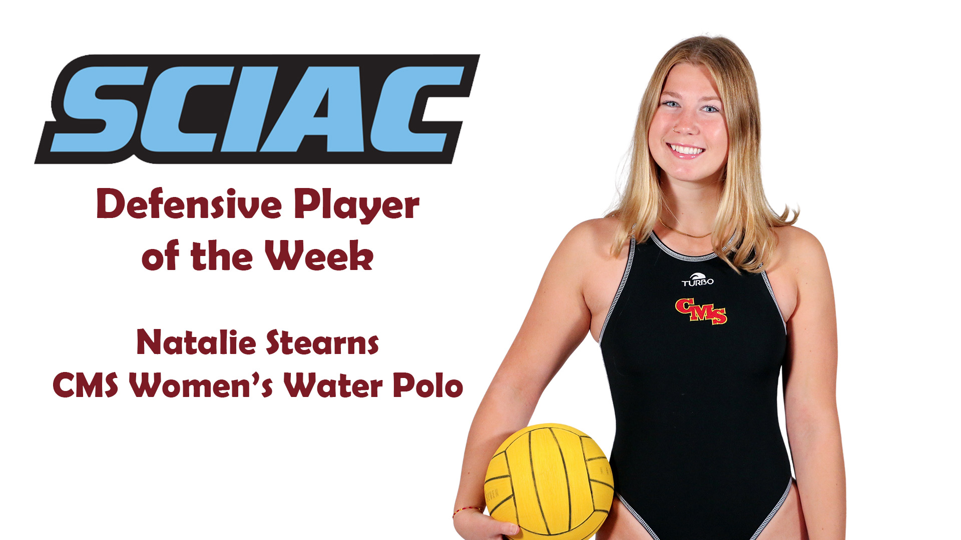 posed shot of Natalie Stearns with the SCIAC logo