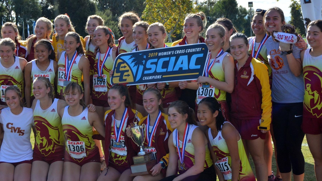 CMS Women's Cross Country with SCIAC Championship banner