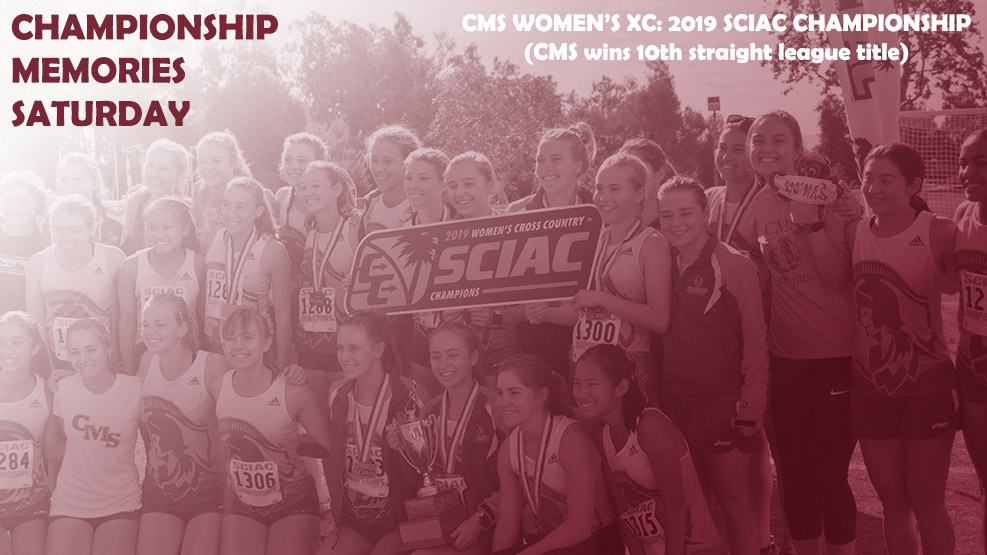 The CMS women's cross country team celebrates the 2019 SCIAC Championship

Text over the photo reads: Championship Memories Saturday. CMS Women's XC 2019 SCIAC Championship (CMS wins 10th straight league title)