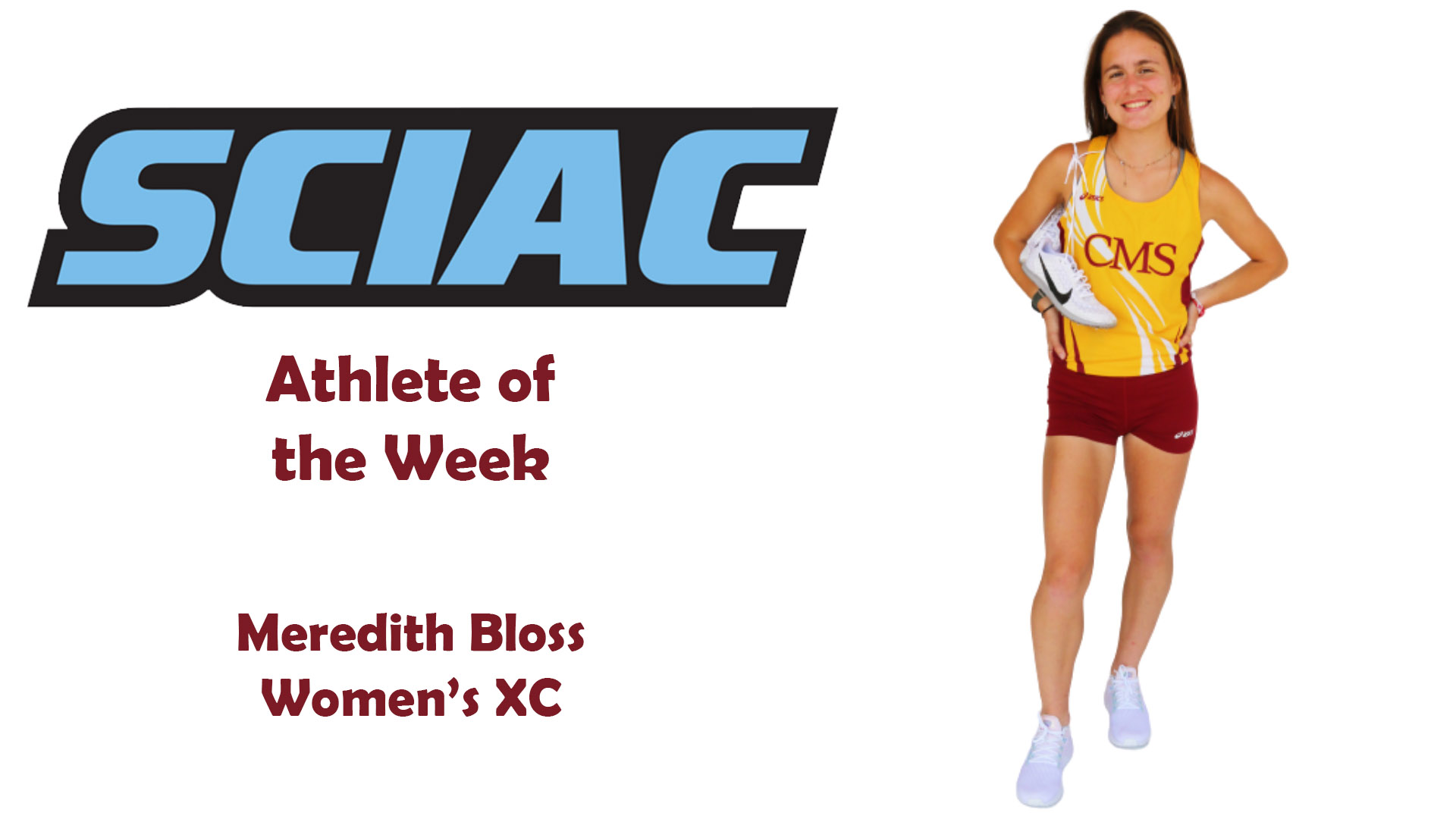 Posed shot of Meredith Bloss with the SCIAC logo
