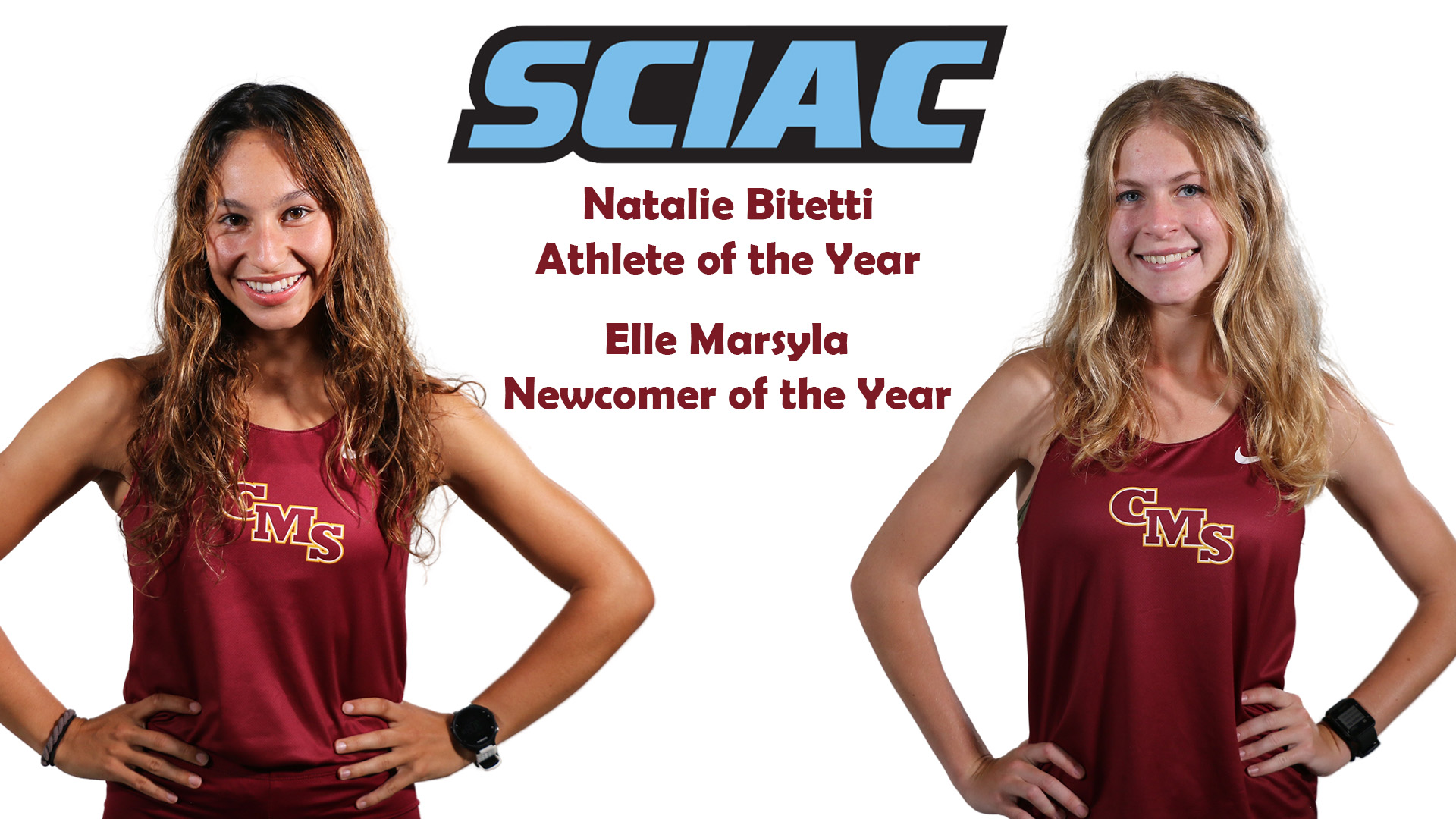 posed shots of Natalie Bitetti and Elle Marsyla with the SCIAC logo