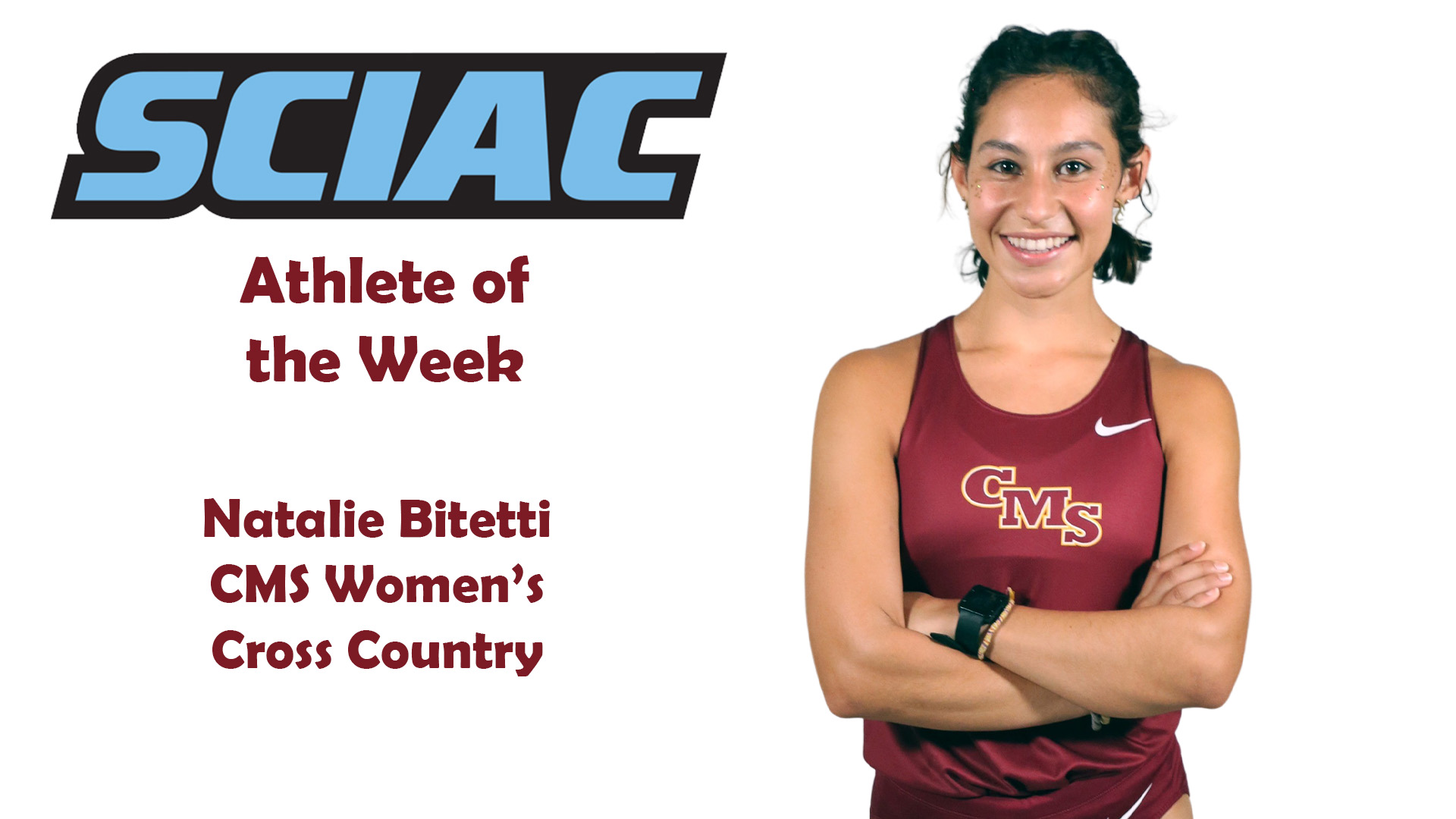 Posed shot of Natalie Bitetti with the SCIAC logo