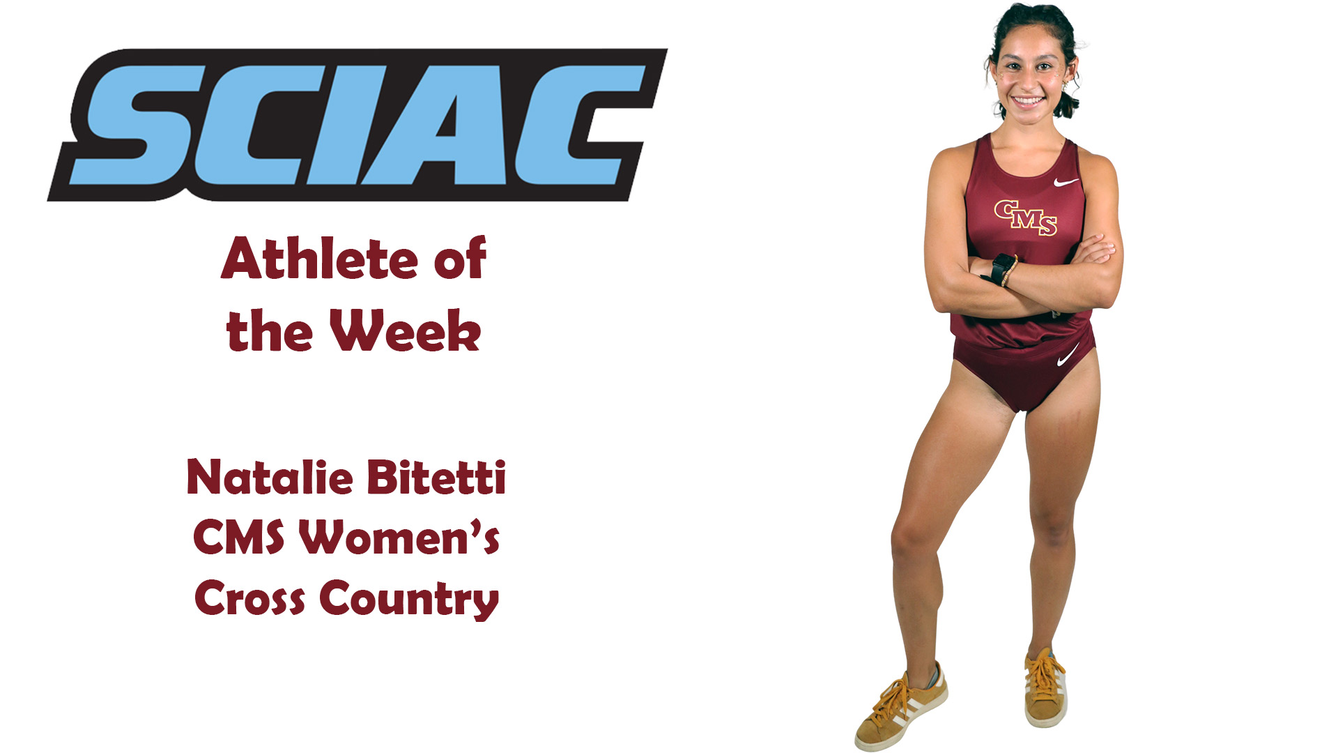 posed shot of Natalie Bitetti with the SCIAC logo