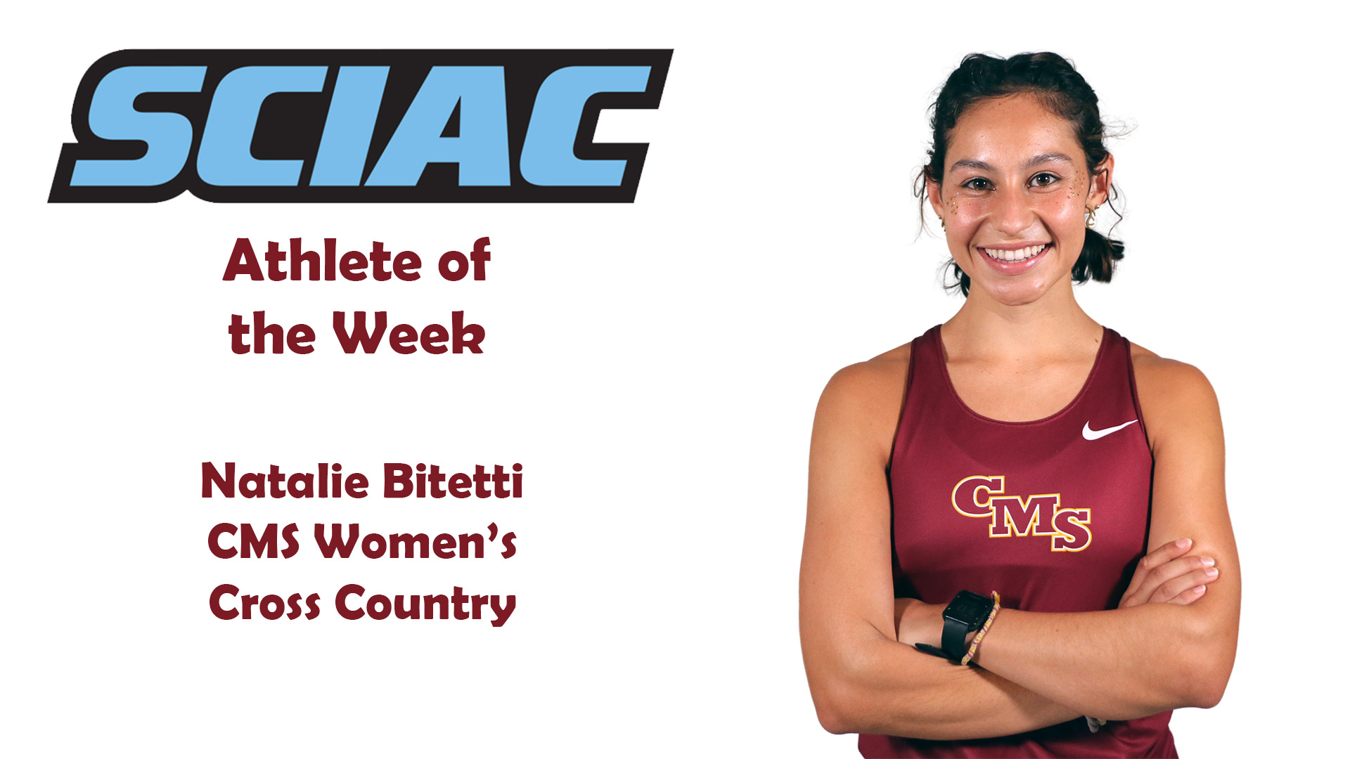 Posed shot of Natalie Bitetti with the SCIAC logo